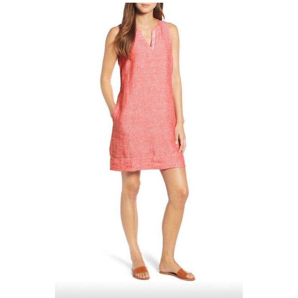 Tommy Bahama Womens Coral Orange 100% Linen Sleeveless Shift Dress XS Pocket